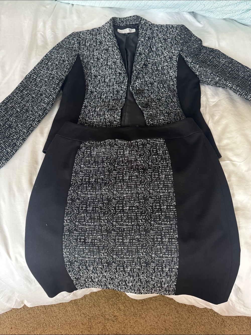 Tahari Black and White Tweed-Front Blazer with Black Panels
